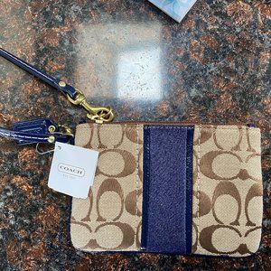 coach signature khaki & navy blue wristlet NWT
